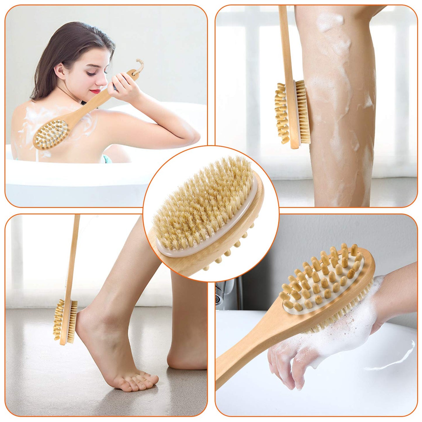 KWEL Wooden Double-sided Bath Brush With Massager and Long Handle | Natural Bristles | Dry Brushing Removes Dead Skin, Treats Cellulite & Stimulates Blood Flow