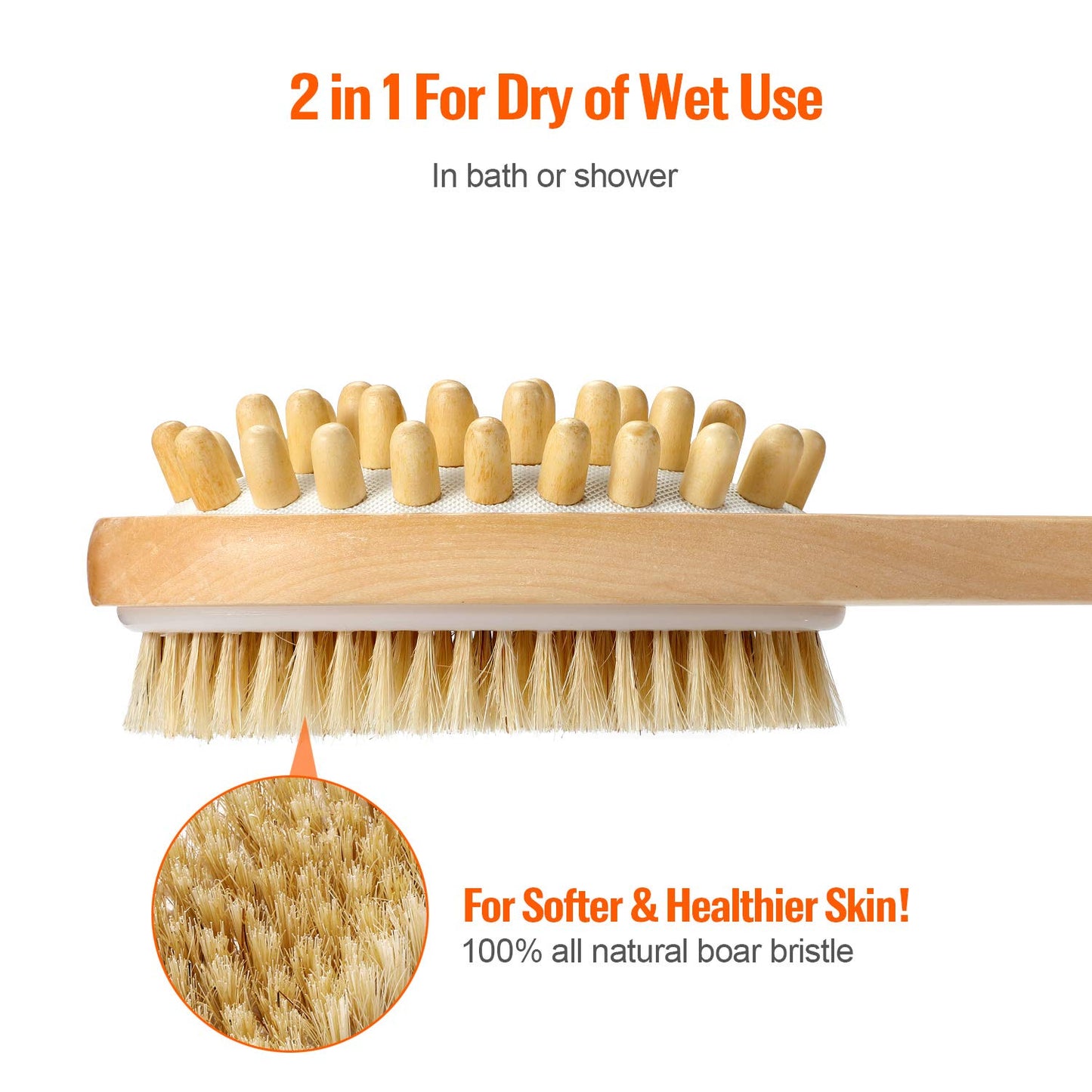 KWEL Wooden Double-sided Bath Brush With Massager and Long Handle | Natural Bristles | Dry Brushing Removes Dead Skin, Treats Cellulite & Stimulates Blood Flow